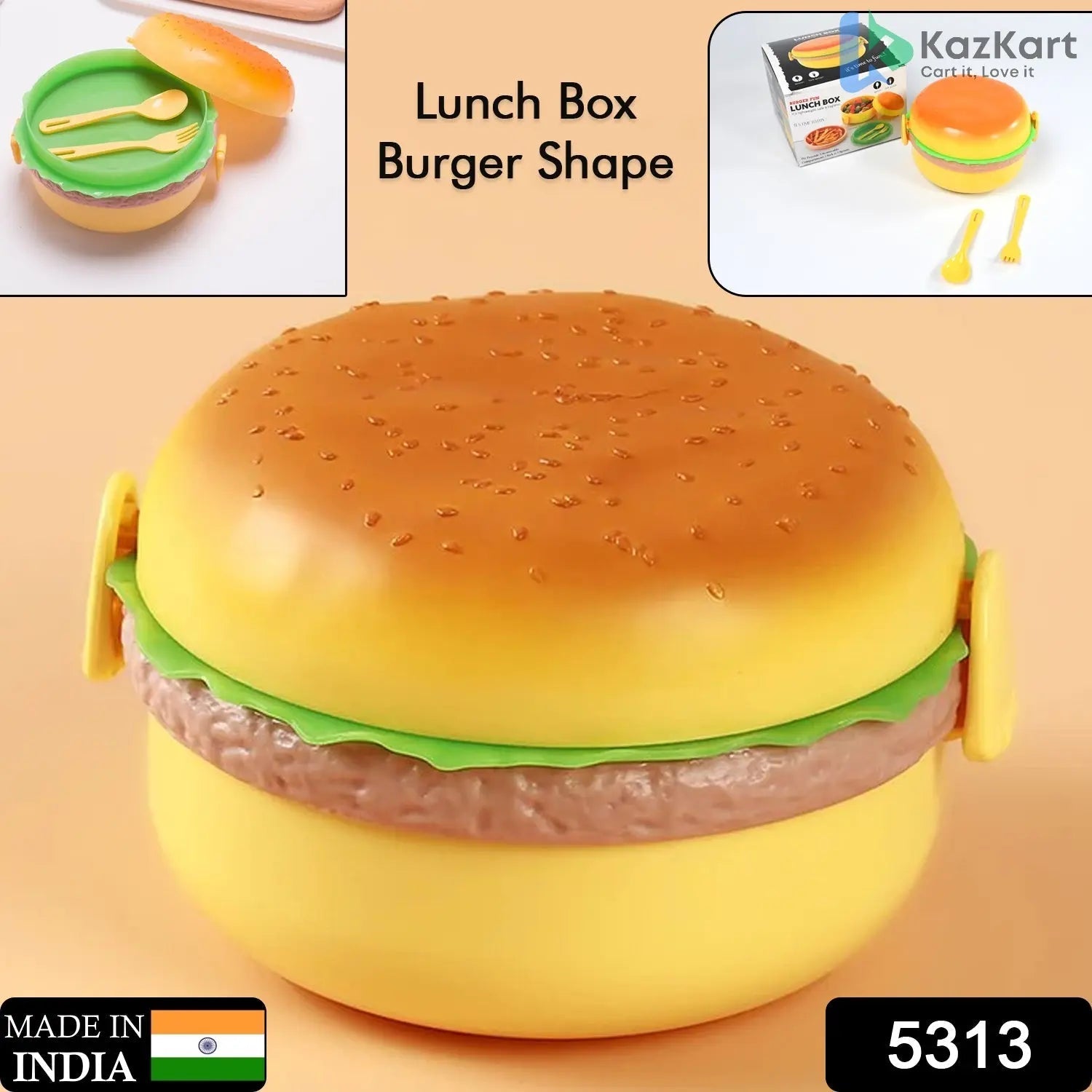 5313 Burger Shape Lunch Box Plastic Lunch Box Food Container Sets Double Layer Lunchbox 1000ml With 2 Spoon Applicable To Kids And Elementary School Students  KazKart