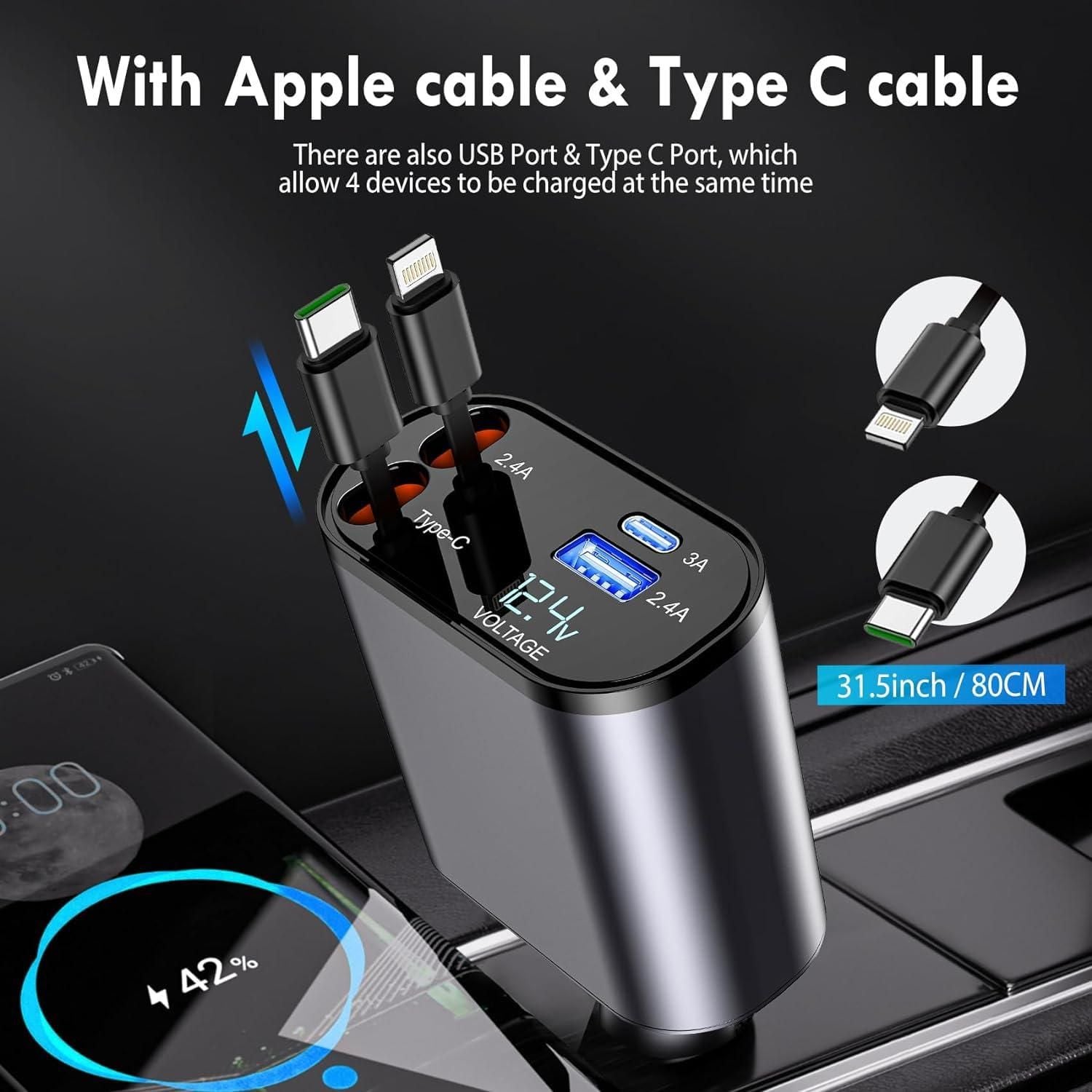 ChargeMate Retractable Car Charger - USB Type C & Lightning Cable for Fast Charging