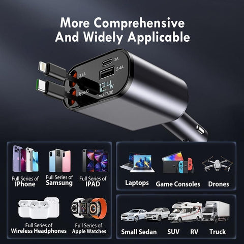 ChargeMate Retractable Car Charger - USB Type C & Lightning Cable for Fast Charging