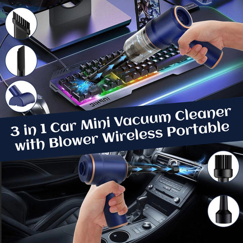 7394 3 In 1 Car Mini Vacuum Cleaner With Blower Wireless Portable Rechargeable Handheld High Power Suction Vacuum Cleaning Machine For Home Car Computer Keyboard Cordless Air Blowing Dusting  KazKart